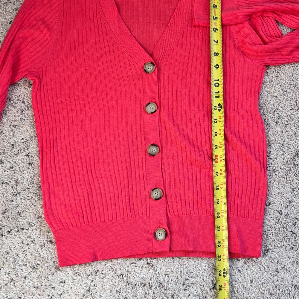 Preppy office LOFT Vibrant Coral Ribbed Women’s Cardigan V-neck L - Picture 9 of 10